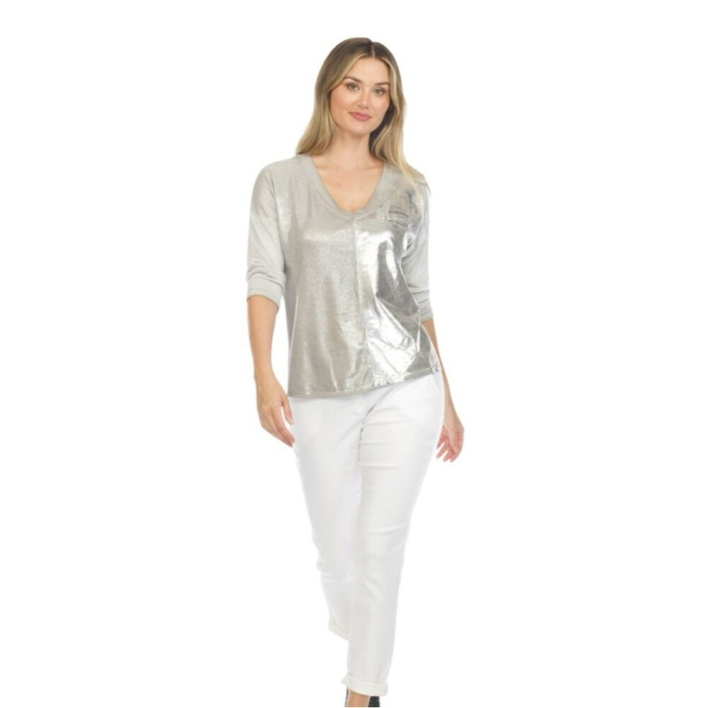 Flora Ashley Metallic V-Neck Long Sleeve Top - Silver/Gray